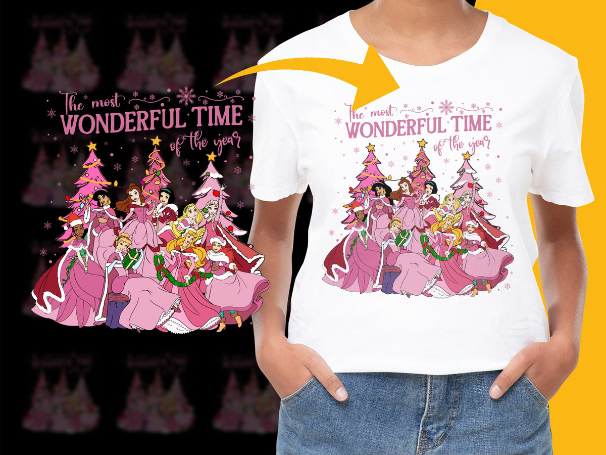 Christmas Themed T-Shirt with Cartoon Princesses, Pink Trees, Festive Holiday Apparel