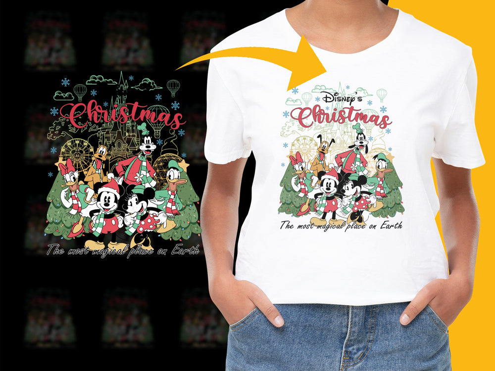 Disney Christmas T-Shirt, Mickey Mouse Holiday Tee, Magical Place Earth Design, Festive Kids and Adult Sizes