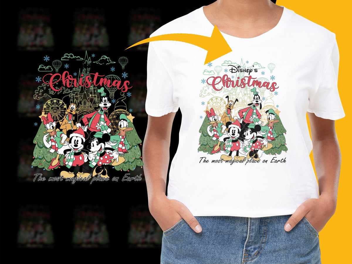 Disney Christmas T-Shirt, Mickey Mouse Holiday Tee, Magical Place Earth Design, Festive Kids and Adult Sizes