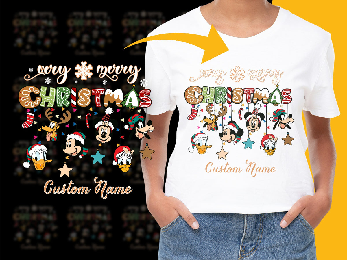 Custom Name Disney Christmas T-Shirt, Mickey Friends Holiday Tee, Personalized Kids Festive Shirt
