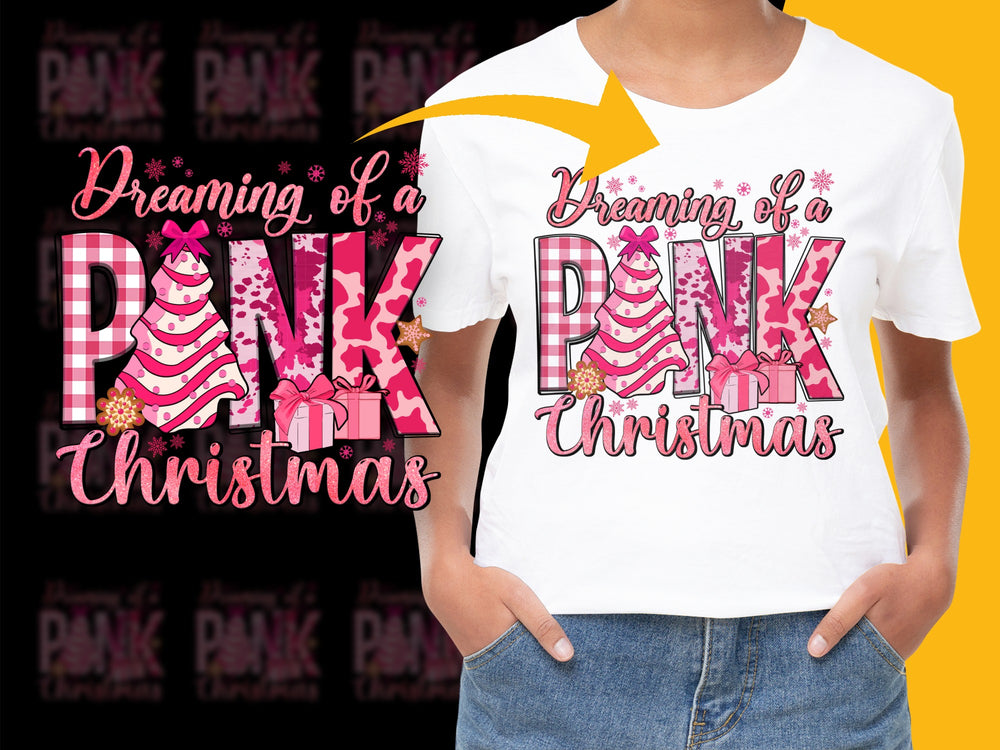 Dreaming of a Pink Christmas T-Shirt, Festive Holiday Tee, Women's Fashion, Pink Xmas Tree Design