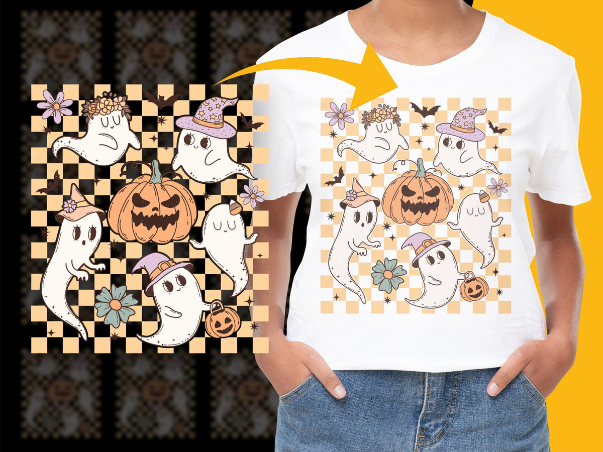 Cute Ghosts and Pumpkins T-Shirt, Halloween Graphic Tee, Autumn Holiday Apparel for Kids and Adults