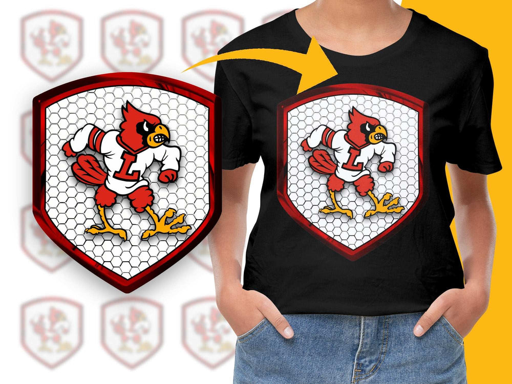 Kids Black T-Shirt Cartoon Cardinal Mascot Graphic Sports Team School Spirit Tee