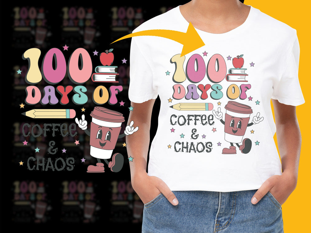 Kids White T-Shirt 100 Days of Coffee and Chaos Graphic Tee, Cute School Shirt, Funny Teacher Gift, Casual Wear, Book Lover Top
