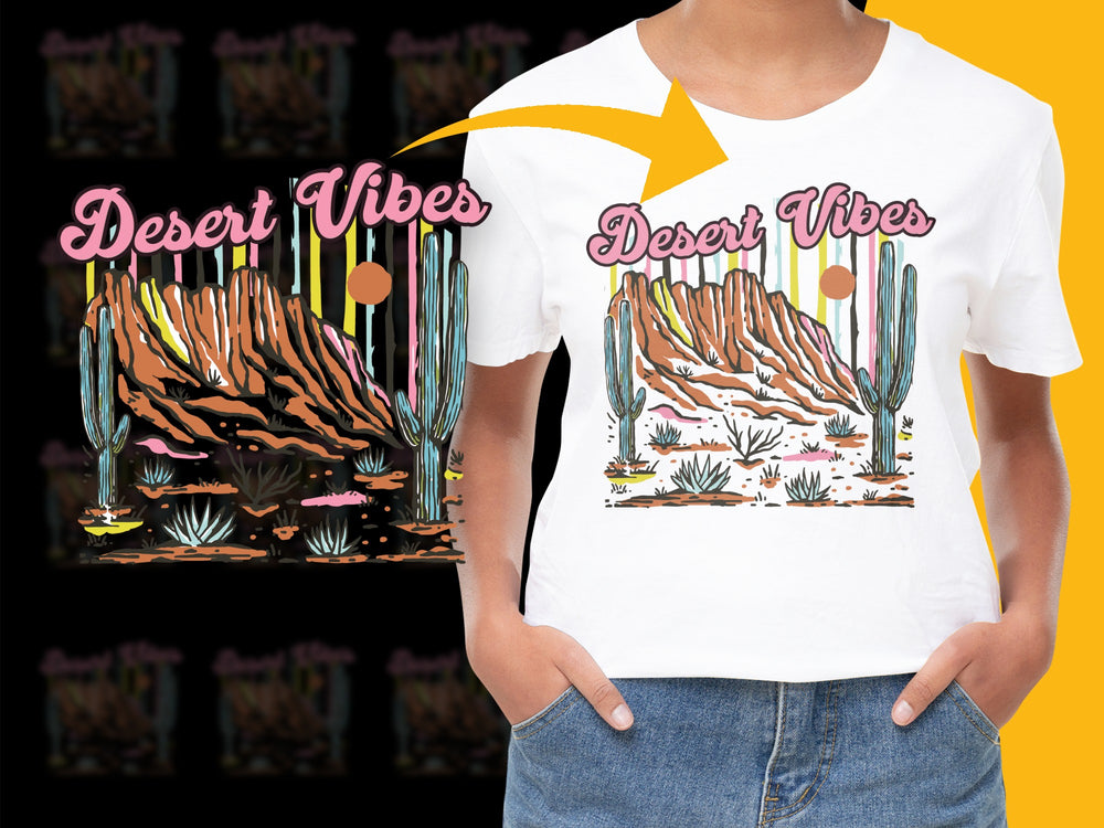 Desert Vibes Graphic T-Shirt, Cactus and Mountains Illustration, Nature Inspired Casual Wear, Unisex Cotton Tee
