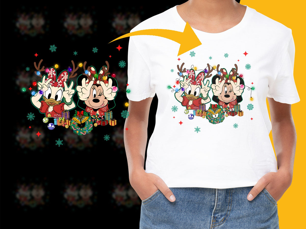 Festive Holiday T-Shirt with Cartoon Reindeer Design, Christmas Apparel for Kids and Adults