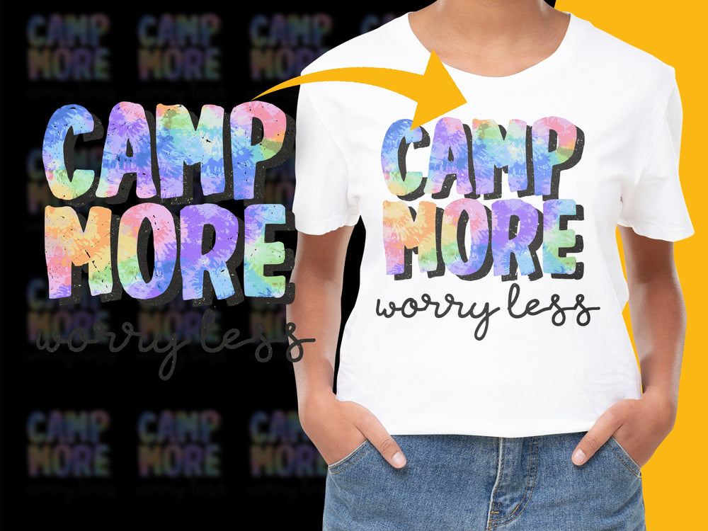 Colorful Camp More Worry Less T-Shirt, Unisex Outdoor Camping Graphic Tee, Adventure Apparel, Hiking Shirt, Nature Lover Gift Ideas