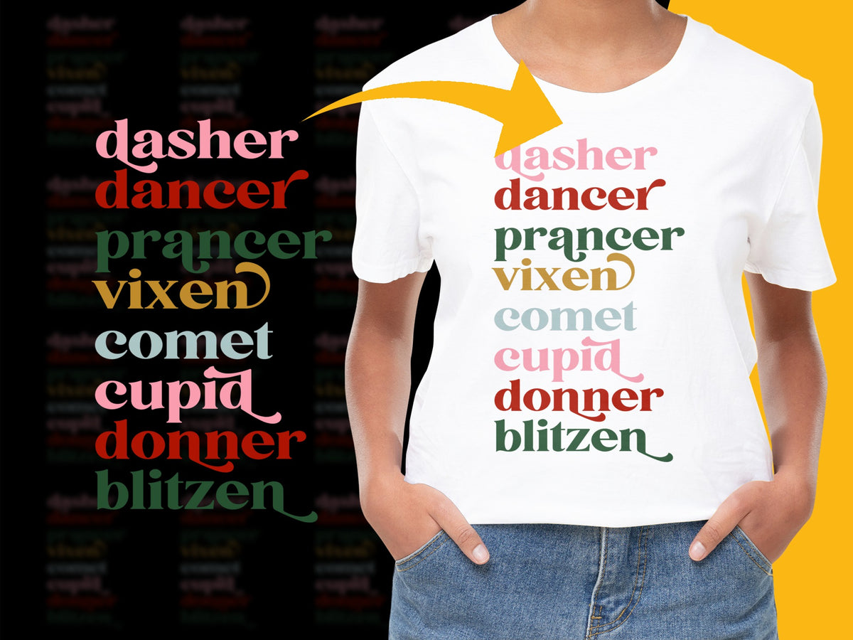 Reindeer Names Christmas T-shirt, Holiday Graphic Tee, Festive Red and Green, Unisex Adult Casual Top