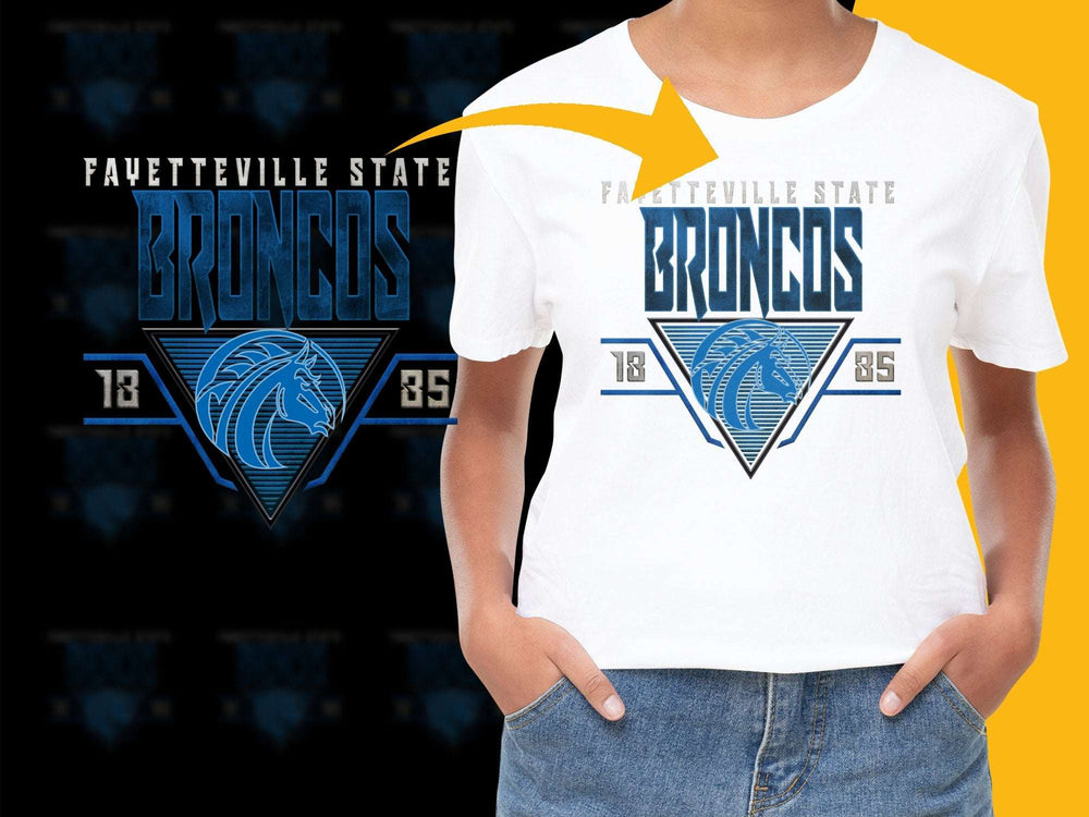 Fayetteville State Broncos Graphic T-Shirt, College Sports Team Logo Tee, Blue and White Cotton Shirt