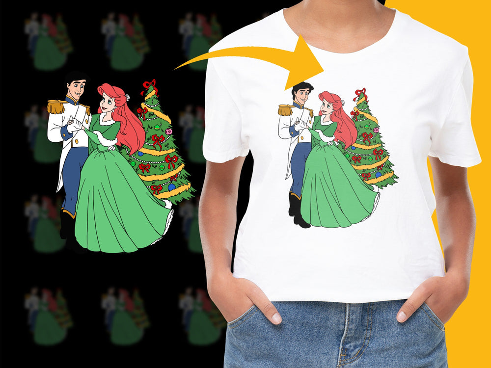 Festive Holiday Couple T-Shirt, Christmas Tree Graphic Tee, Cartoon Characters, Unisex White Shirt