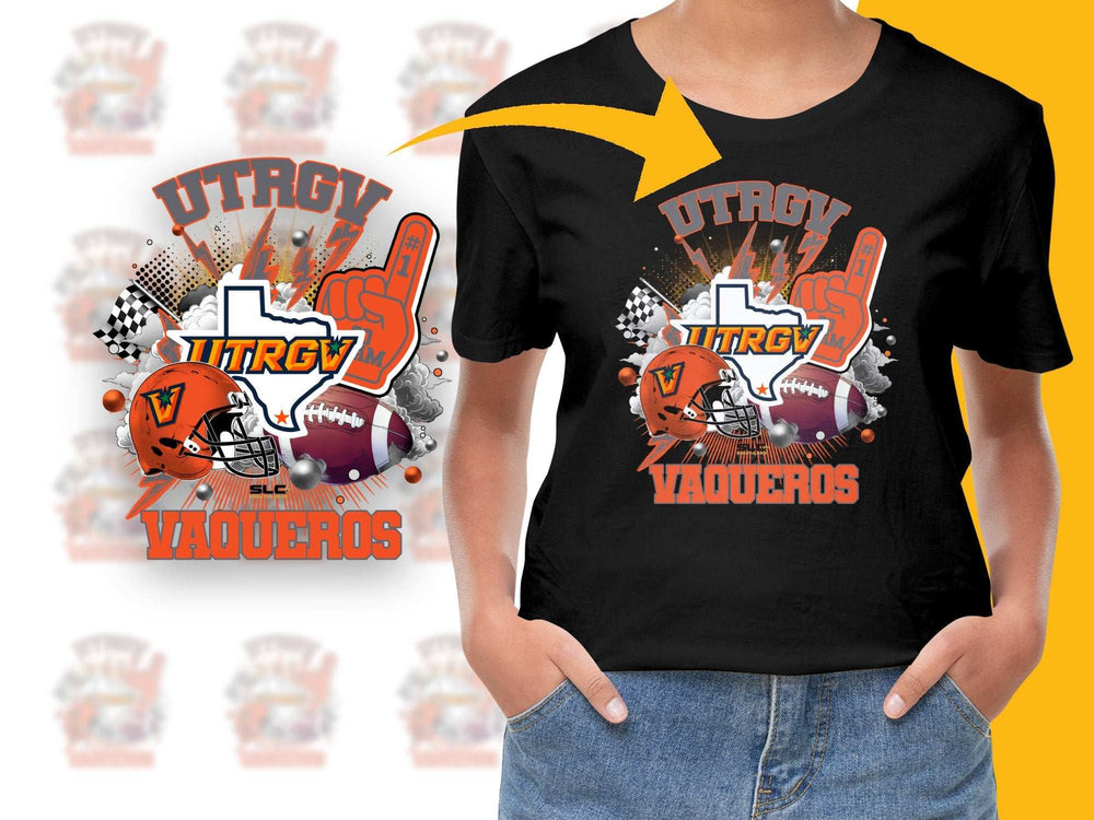UTGRV Vaqueros T-Shirt, Bold Graphic Tee, Orange Black Youth Sports, Fan Apparel