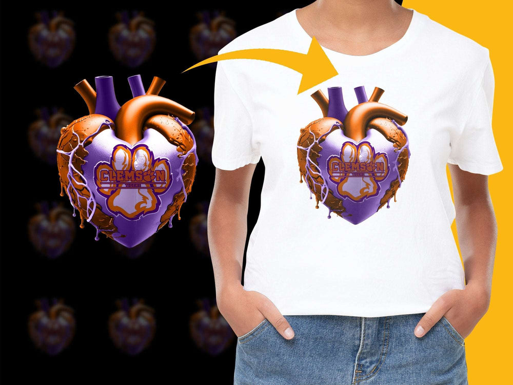 Clemson University Heart Graphic T-Shirt, Unique College Fan Apparel, Purple and Orange