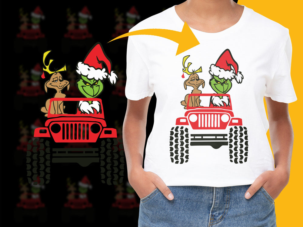 Christmas T-Shirt, Dogs and Grinch in Red Jeep, Holiday Graphic Tee, Festive Apparel for Family