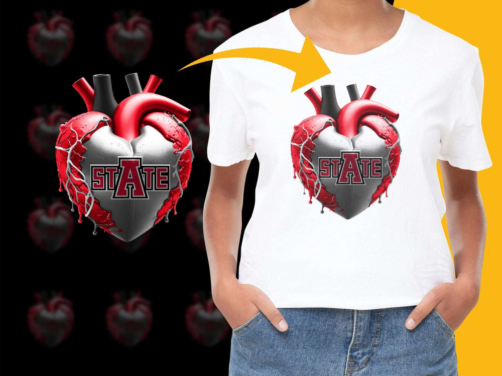 State Heart Graphic T-Shirt, Bold Red and Silver Design, Trendy Sports Fan Apparel, Unisex Cotton Tee