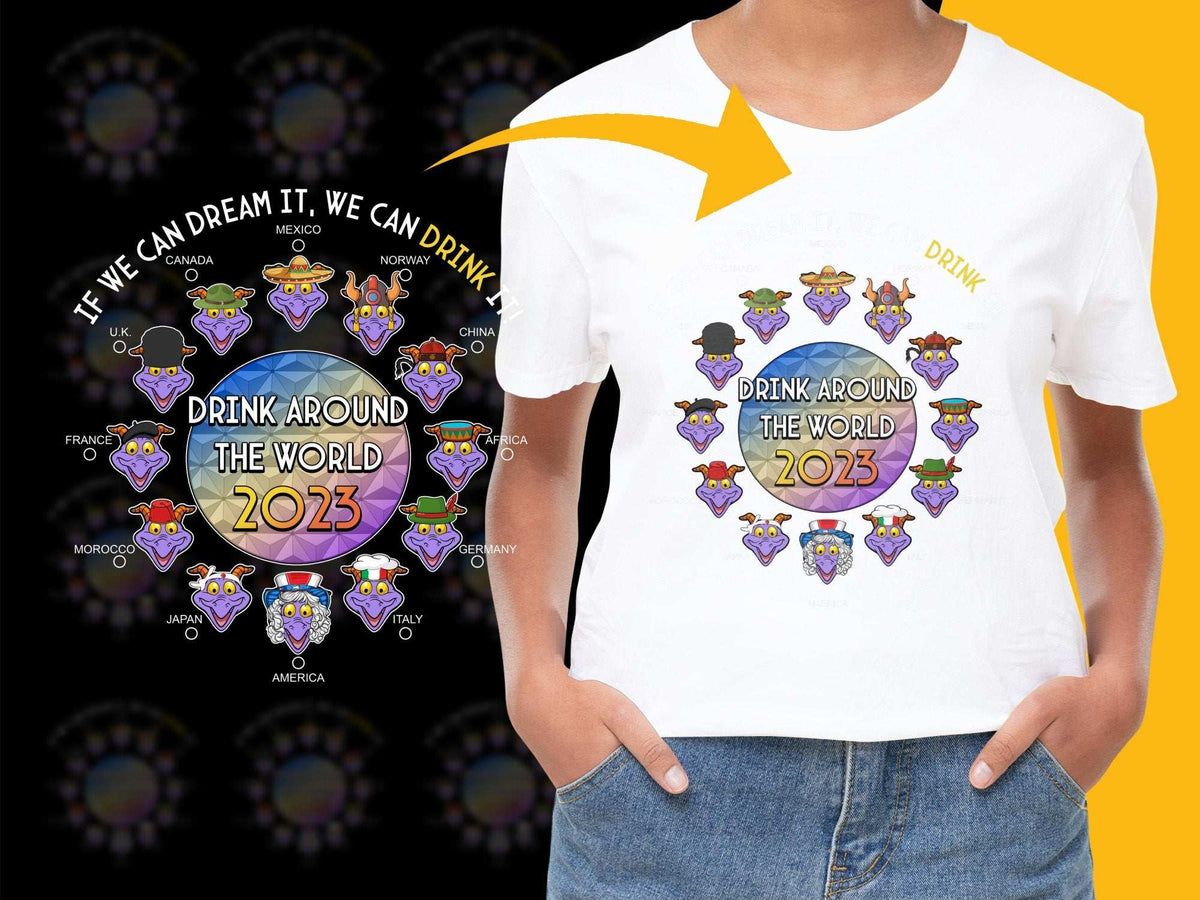 Drink Around the World 2023 T-Shirt, Travel Theme Party Tee, Women's Fashion Top, Global Trip Souvenir