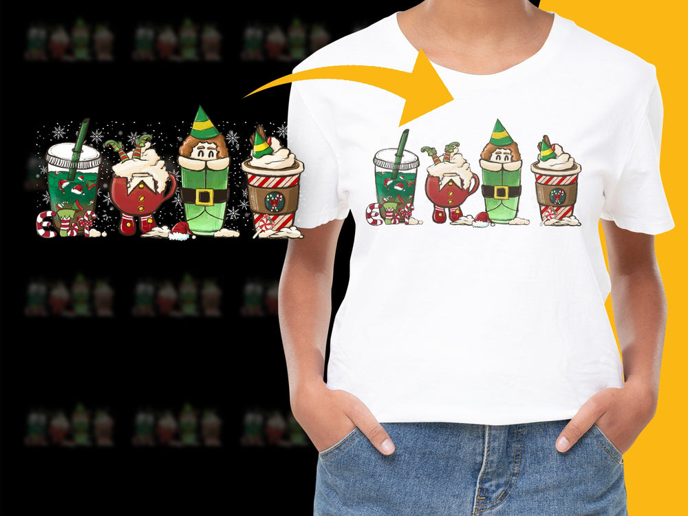 Festive Holiday T-Shirt with Christmas Elf and Hot Chocolate Design, Unisex Graphic Tee