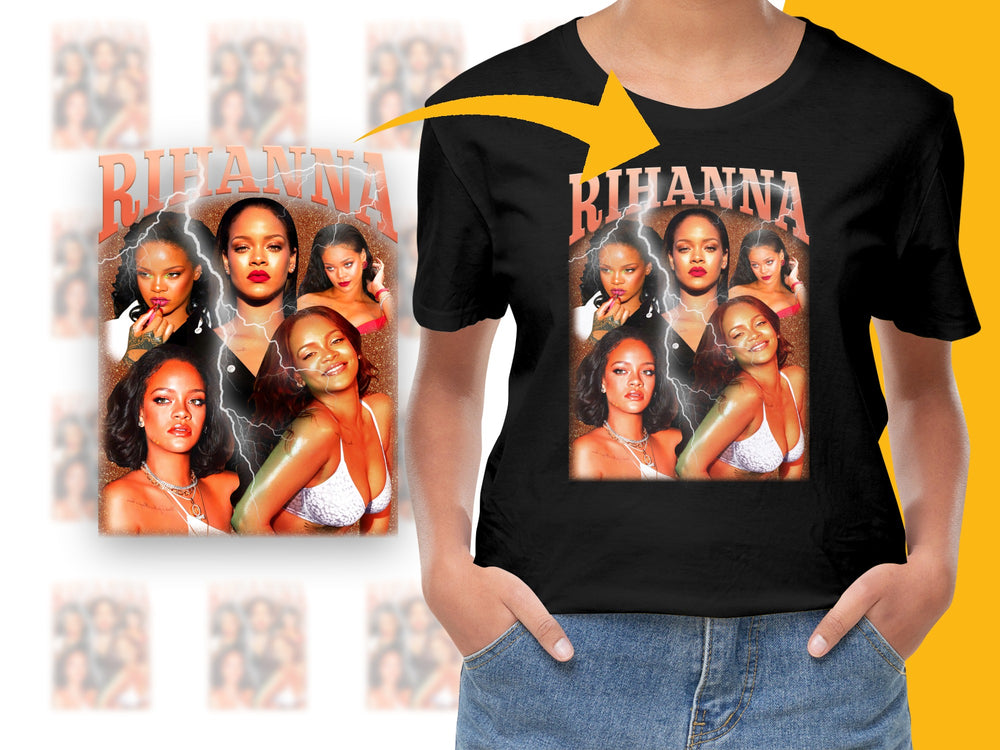 Rihanna Graphic T-Shirt, Pop Music Icon Fan Merch, Black Cotton Tee with Singer Rihanna Collage