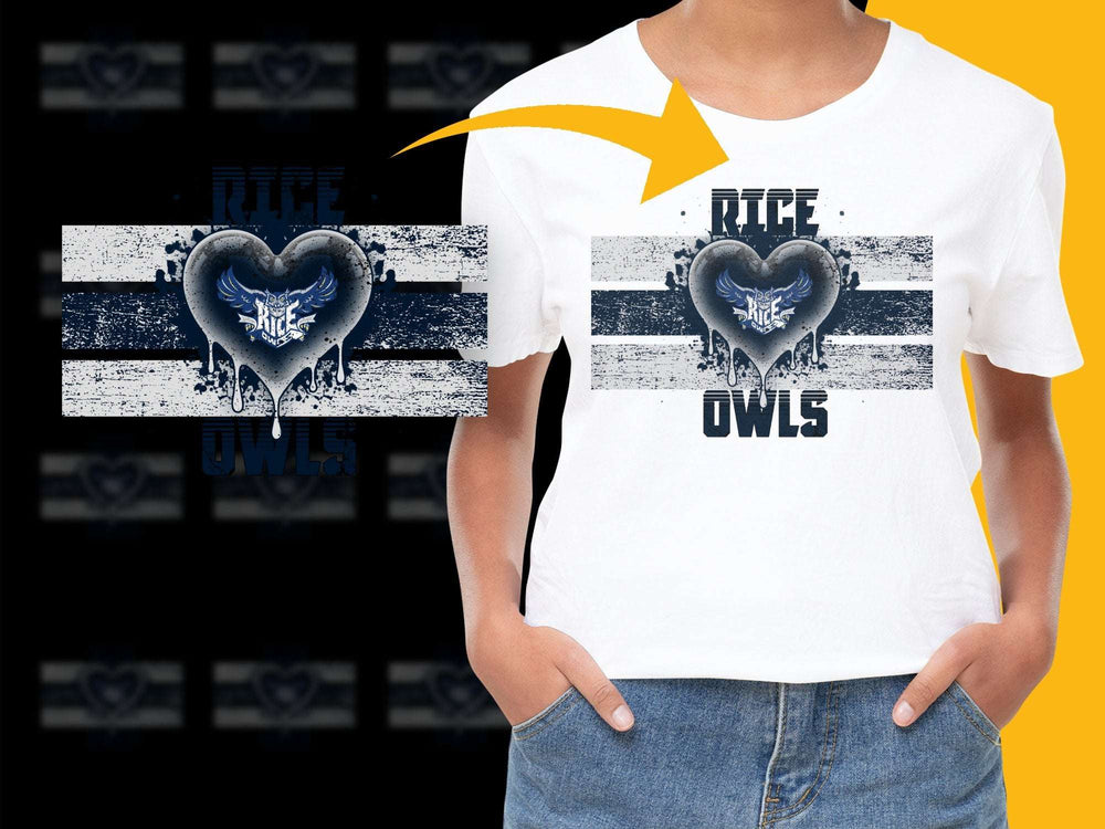 Rice Owls T-Shirt, Heart Logo, College Sports Fan Apparel, Black and White Graphic Tee