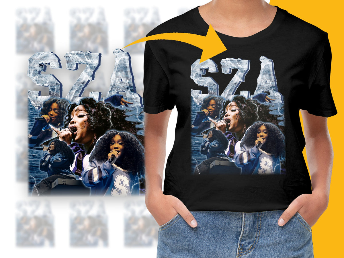 SZA Collage T-Shirt, Women's Black Graphic Tee, Musical Artist Fan Merch, Casual Streetwear Style, Gift for Music Lovers