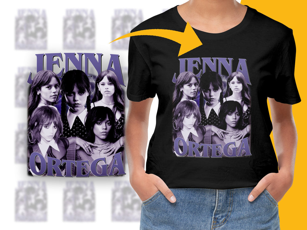 Jenna Ortega Fan T-Shirt, Multiple Poses Graphic Tee, Trendy TV Star Shirt, Casual Black Top
