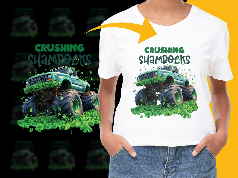 Kids Monster Truck St. Patrick's Day T-Shirt, Crushing Shamrocks Graphic Tee, Boys Green Truck Shirt, Irish Festival Apparel