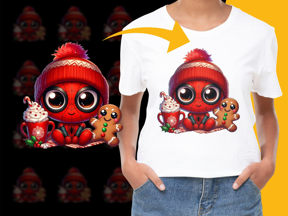Cute Winter Holiday T-Shirt with Cartoon Ladybugs, Red Knit Hat, Hot Cocoa, Festive Kids' Apparel