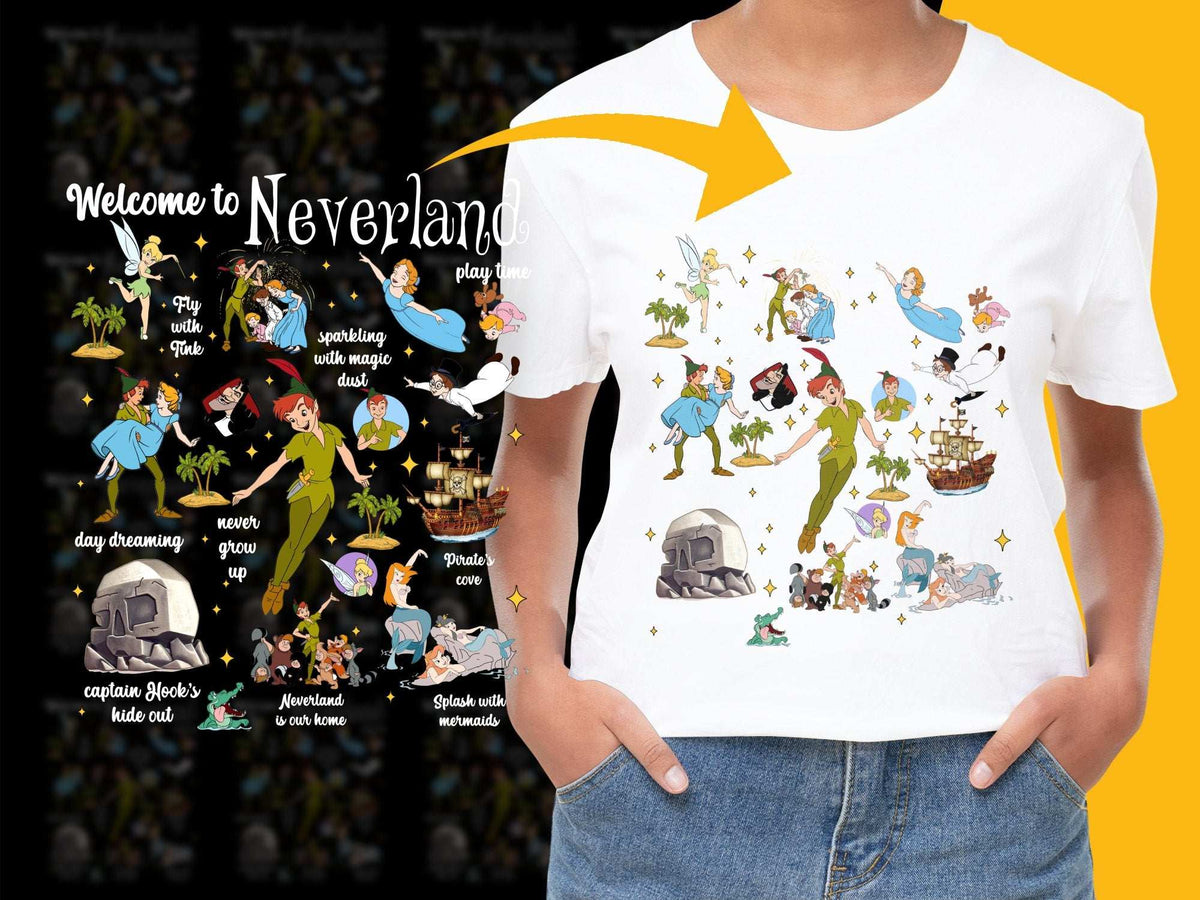 Kids Peter Pan Themed T-Shirt, Disney Inspired Characters, Neverland Graphic Tee, Fantasy Adventure Shirt for Children