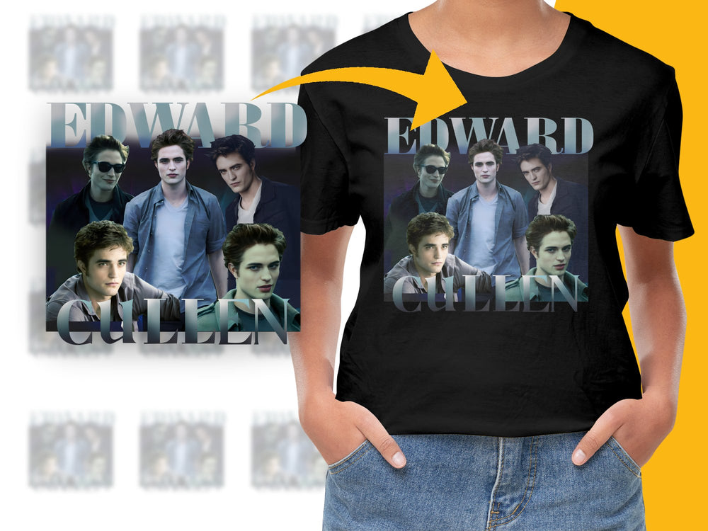 Edward Cullen Twilight Saga Inspired Graphic T-Shirt, Vampire Movie Fan Tee, Unisex Black Shirt with Character Collage Design