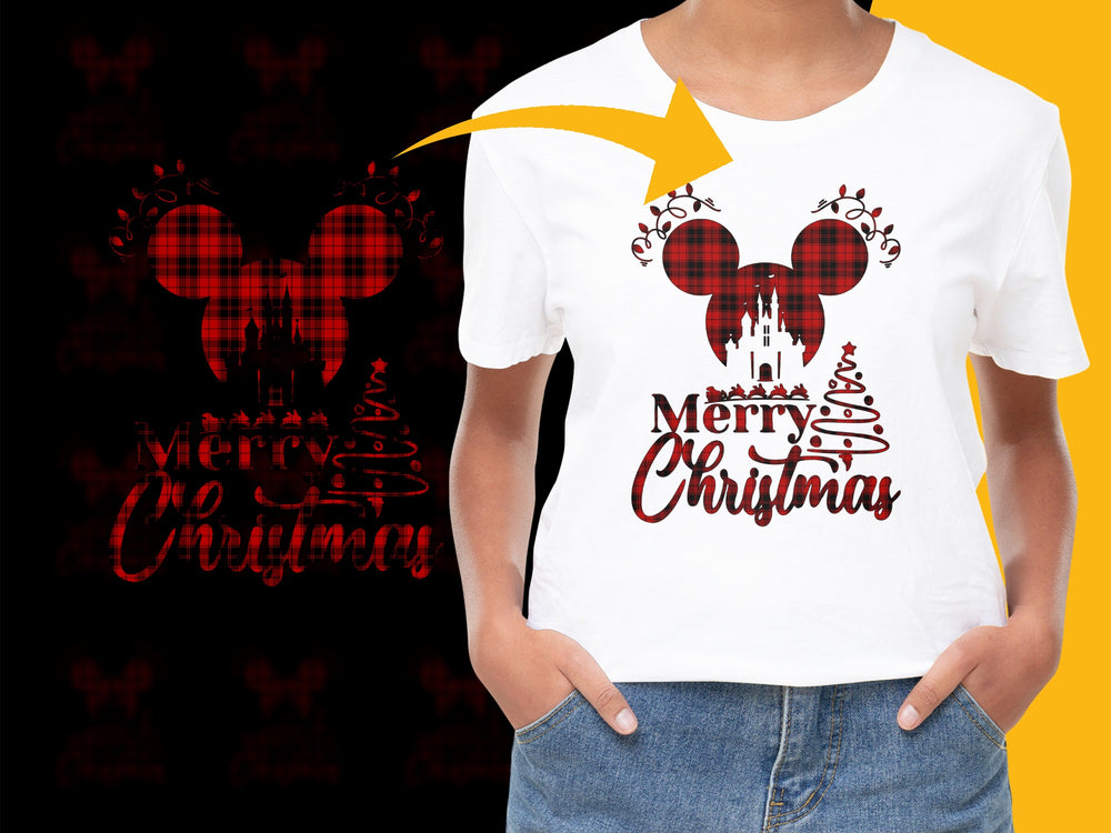 Merry Christmas T-Shirt with Plaid Mickey Mouse Design, Holiday Casual Wear for All Ages