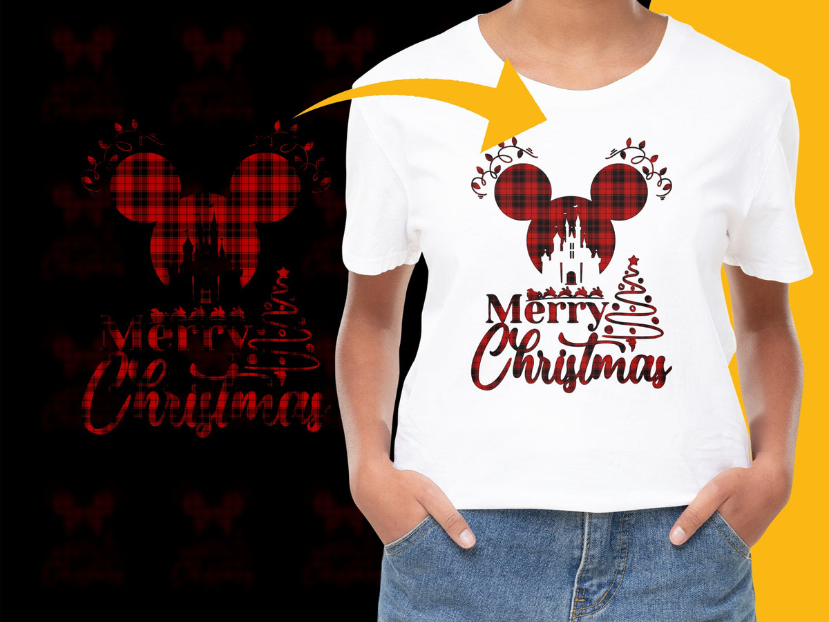 Merry Christmas T-Shirt with Plaid Mickey Mouse Design, Holiday Casual Wear for All Ages