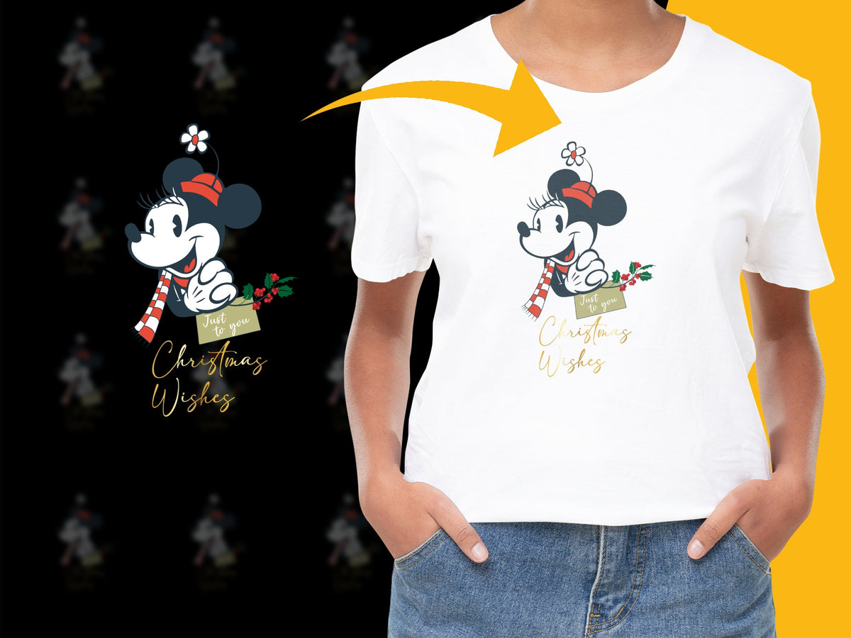 Women's Christmas Wishes T-Shirt with Minnie Mouse, Festive Holiday Apparel, Cute Disney Tee