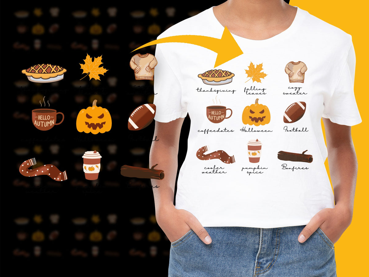 Autumn Themed T-Shirt with Pumpkin, Leaves, Latte Designs, Fall Season Tee