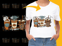 Load image into Gallery viewer, Autumn Themed T-Shirt with Cute Coffee and Pumpkin Graphics, Unisex Fall Fashion Tee
