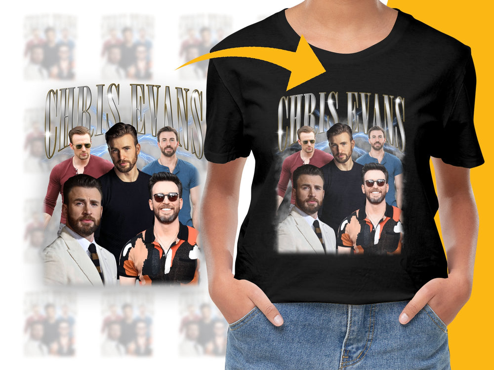 Chris Evans Fan T-Shirt, Collage Graphic Tee, Movie Star Printed Shirt, Gift for Movie Lovers, Unisex Cotton Tee