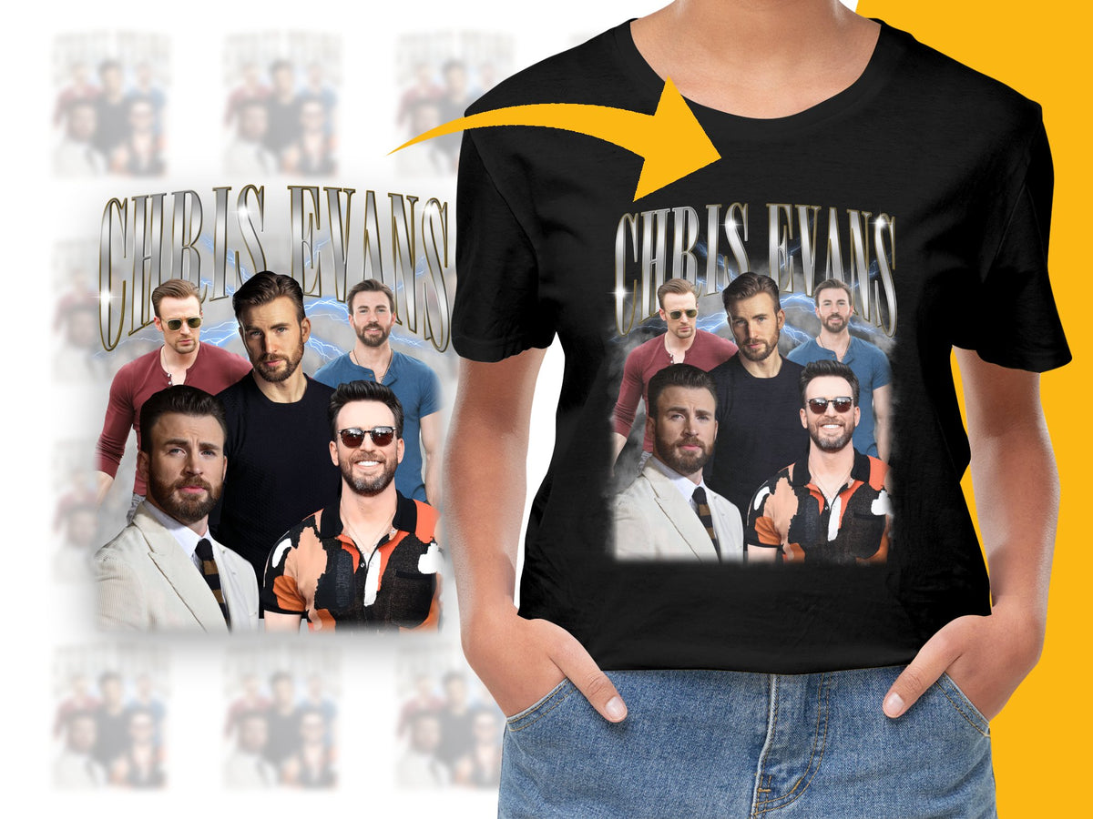 Chris Evans Fan T-Shirt, Collage Graphic Tee, Movie Star Printed Shirt, Gift for Movie Lovers, Unisex Cotton Tee
