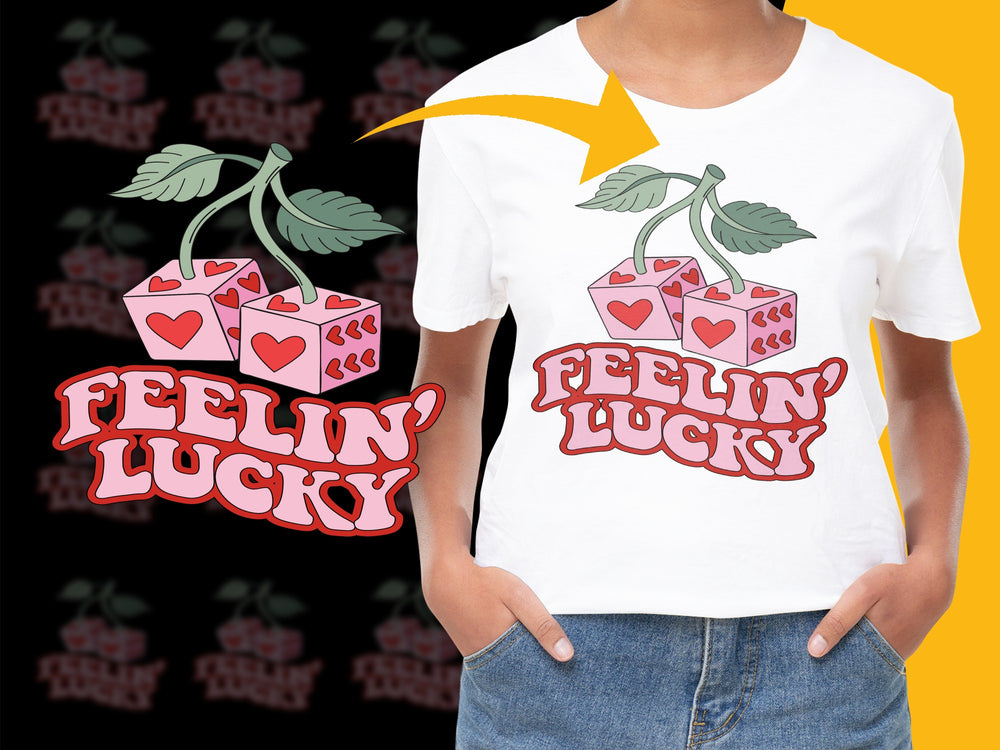 Feelin' Lucky Cherry Graphic T-Shirt, Bold Red Text Design, Cute Fruit Logo Top, Casual Wear