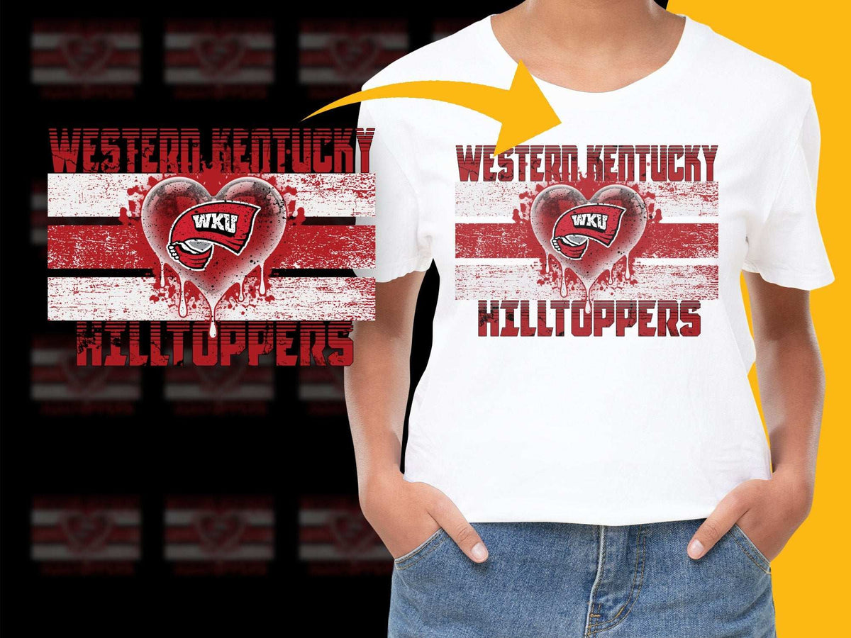 Western Kentucky Hilltoppers Distressed Heart T-Shirt, College Sports Fan Apparel, Red and White Graphic Tee