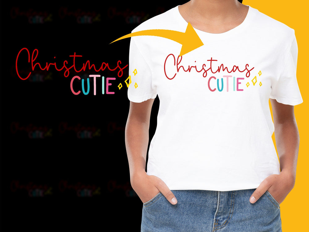 Women's Christmas Cutie T-Shirt, Festive Holiday Graphic Tee, Casual White Top with Colorful Text Design, Gift Idea