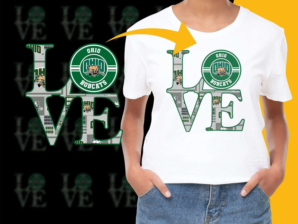 Ohio Bobcats Love Graphic T-Shirt, Unisex College Football Tee, Fan Apparel Green and White