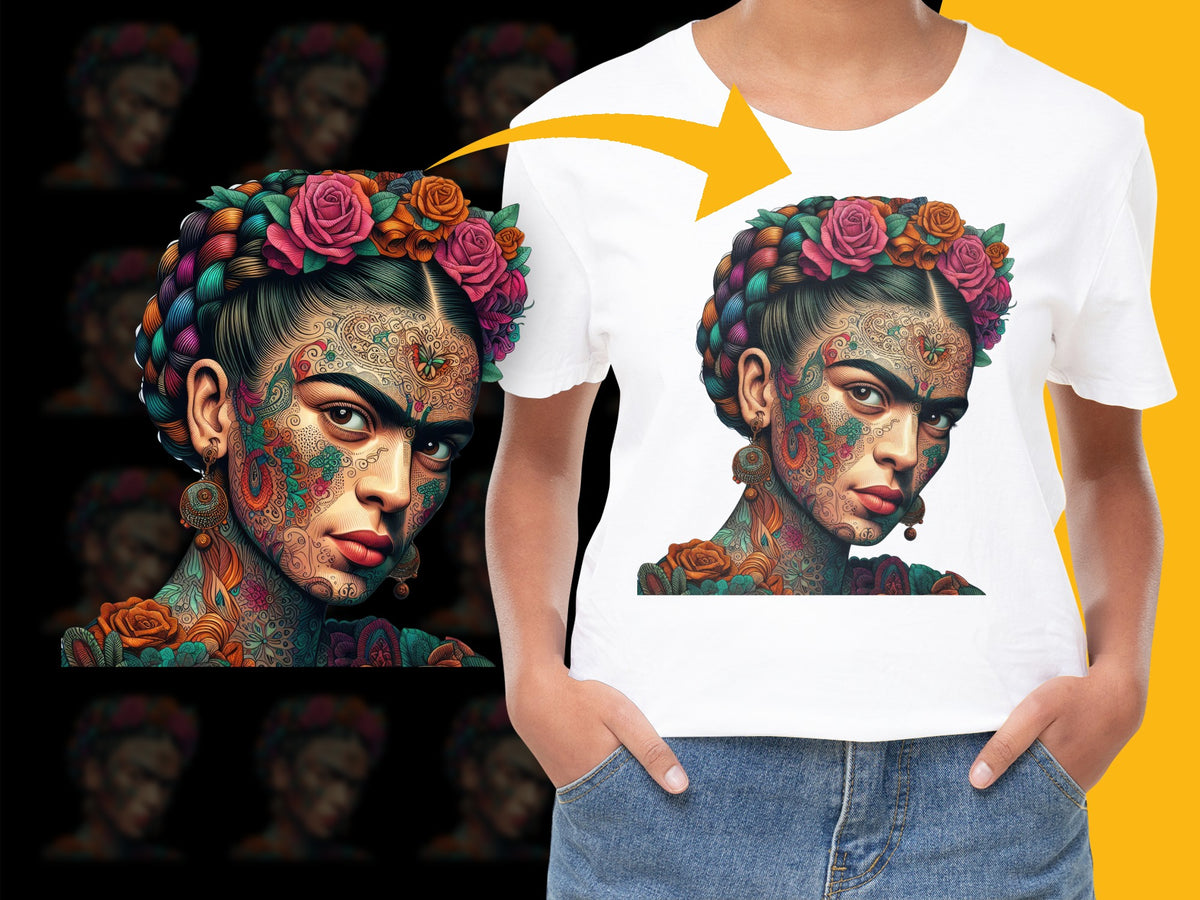 Colorful Frida Kahlo Inspired Art T-Shirt, Mexican Floral Portrait Tee, Unique Artist Graphic Top, Boho Chic Style Shirt