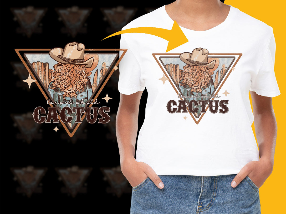 Western Cactus Cowboy Hat Graphic T-Shirt, Vintage Style Unisex Casual Tee, Trendy Summer Top