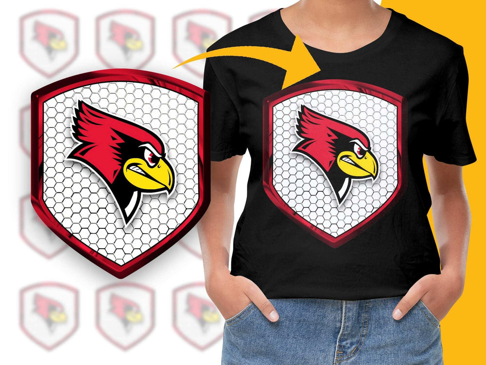 Youth Red Hawk Graphic T-Shirt, Bold Animal Emblem, Casual Kids Wear, Trendy Hexagon Pattern Tee