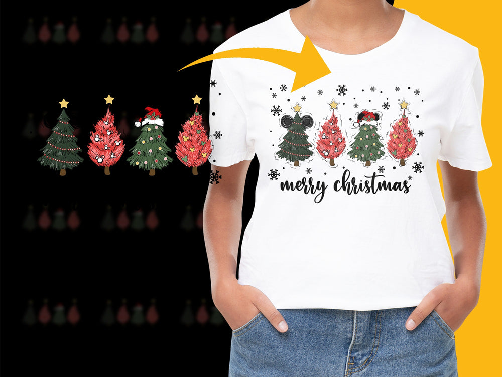 Merry Christmas T-shirt for Women, Festive Holiday Top with Cute Trees and Stars Design