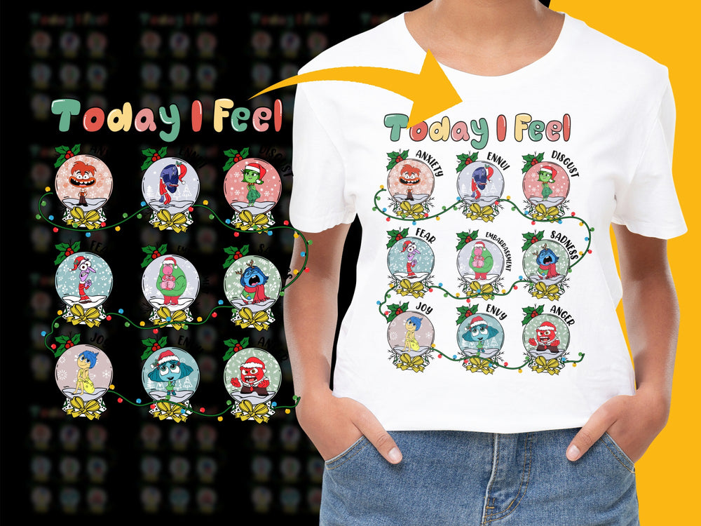 Kids Christmas Emotions T-Shirt, Today I Feel Festive, Holiday Mood Faces, Santa Elf Snowman Design, Fun Winter Apparel for Children