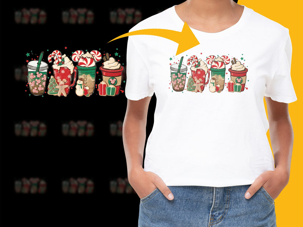 Women's White T-Shirt with Holiday Coffee Cups Design, Festive Graphic Tee, Christmas Drinks Motif, Casual Fashion