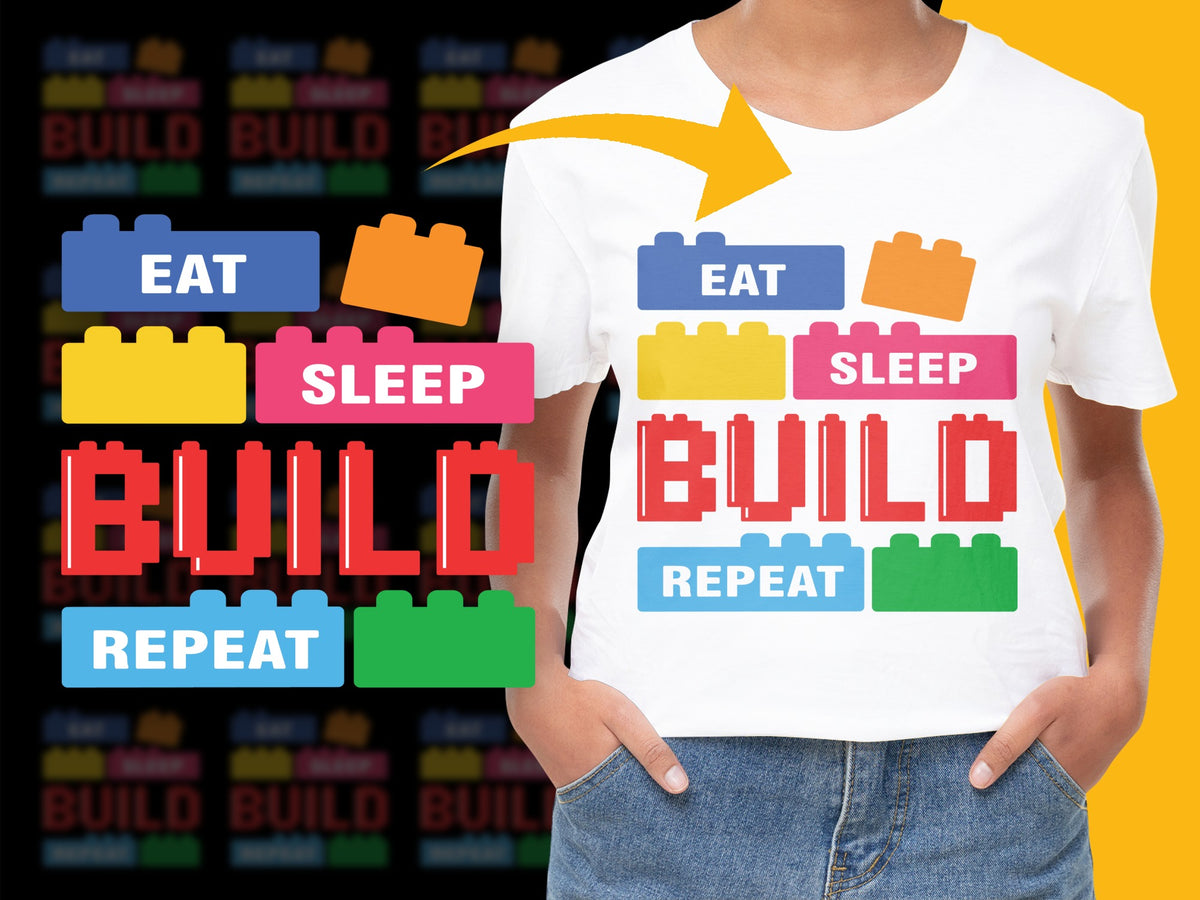 Colorful Eat Sleep Build Repeat LEGO Inspired T-Shirt, Fun Building Block Graphic Tee for Kids and Adults