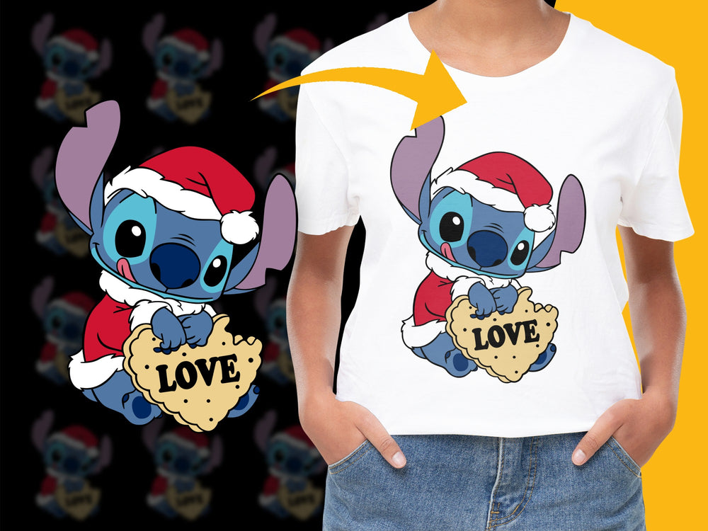 Kids Christmas T-Shirt, Stitch with Santa Hat, Cute Alien Love Graphic Tee, Holiday Apparel for Children
