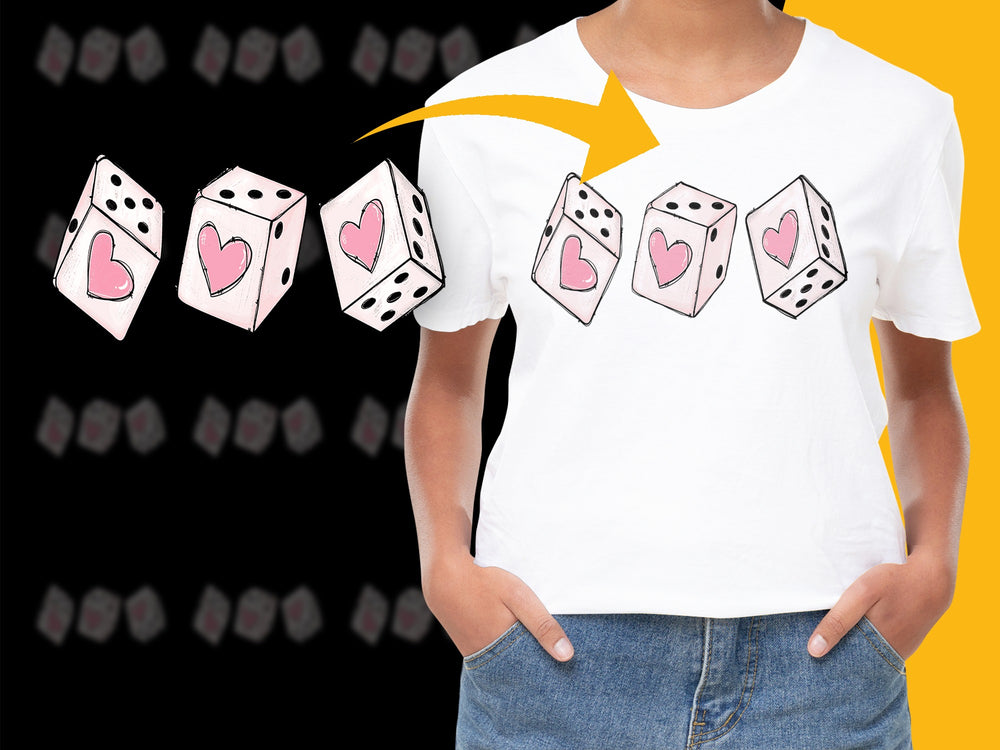 Women's White T-Shirt with Pink Heart Dice Graphic, Casual Fashion Tee, Trendy Streetwear, Unique Design Top, Gift for Her