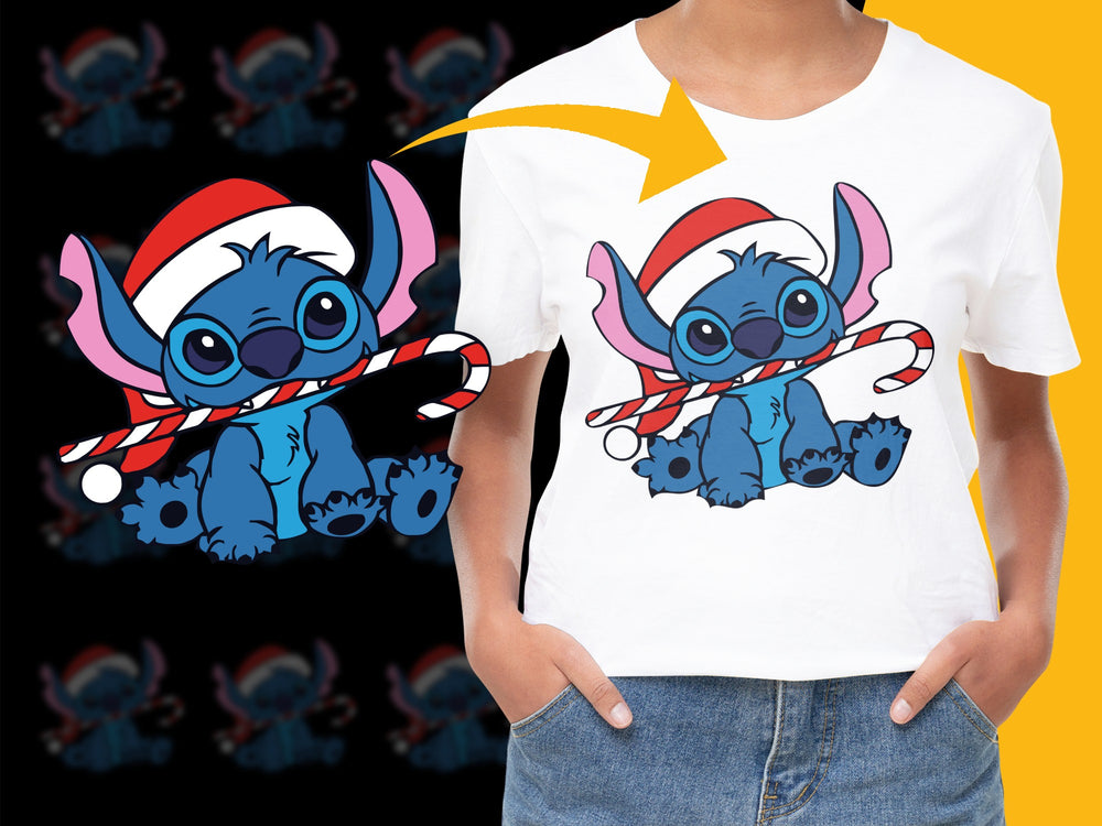 Kids Christmas T-Shirt Blue Cartoon Alien Santa Hat Holiday Gift Cute Graphic Tee