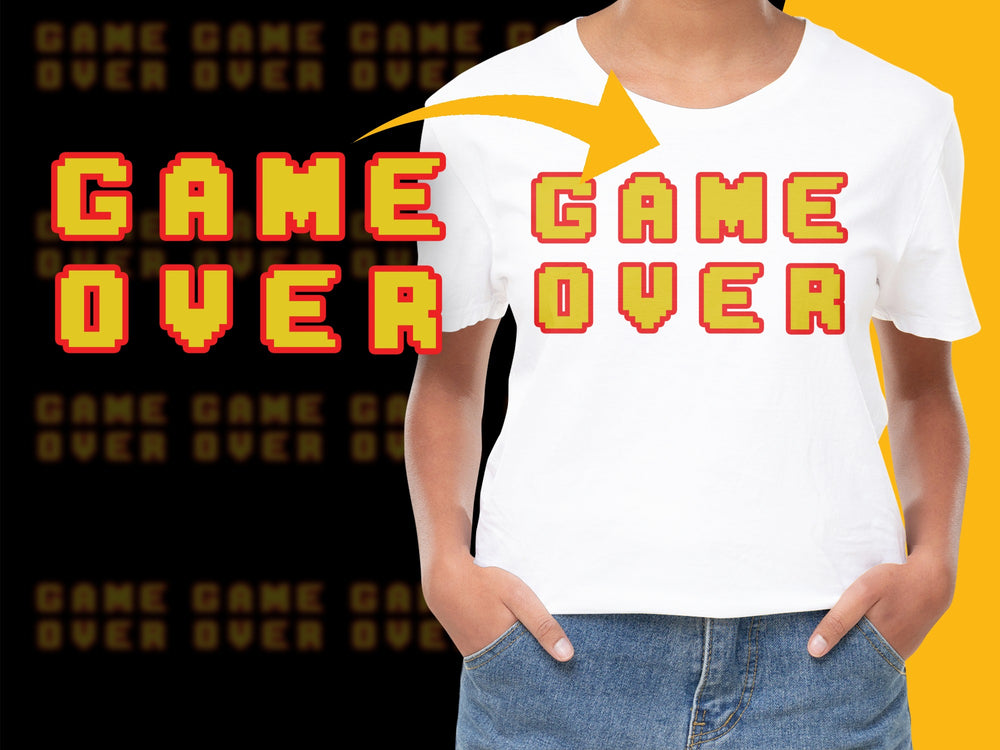 Game Over T-Shirt, Retro Video Game Style Tee, Red Yellow Text, Unisex Cotton Shirt